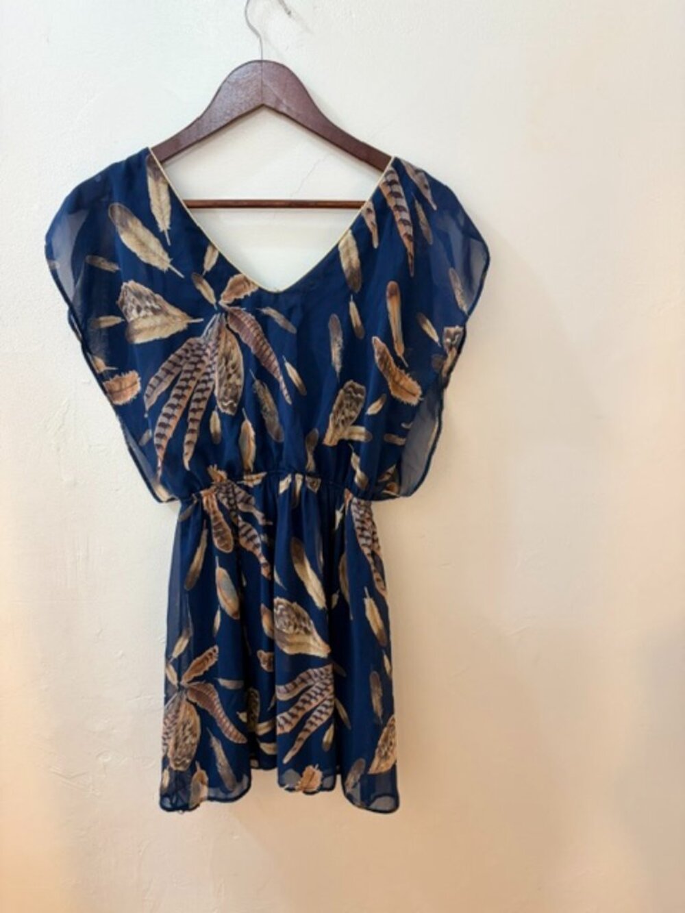 Vintage Love Navy & Gold Feather Print Mini Dress – Size S – Made in France